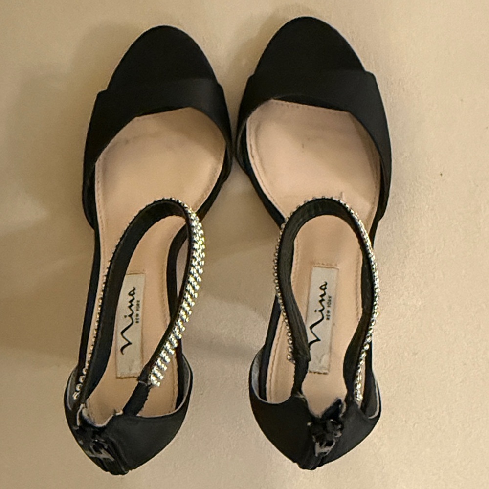 Nina Black Satin Heels with Rhinestone Straps - Volanda-LS Size 8M - Picture 3 of 6